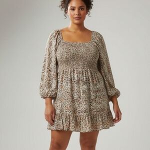Liberty Love leopard print smocked mini dress Square neck long balloon sleeves